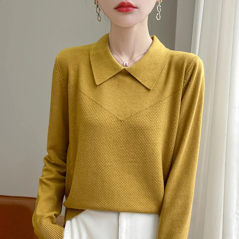 2024 AutumnWinter Flip collar Cashmere Sweater Women Knitted Loose Fashion 241223
