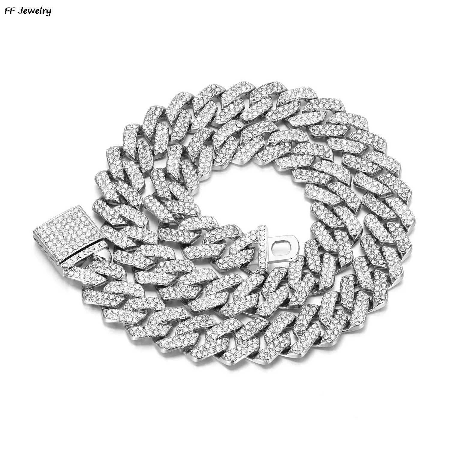 15mm Cuban Link Chain For Men Silvery/Golden d Out Rhinestone Miami Necklace Choker for Women with Box Clasp Hip Hop A+++XJ241227