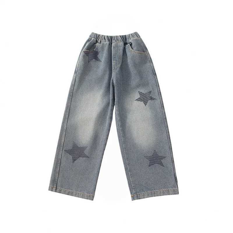 Korean Kids Boy Casual Thermal Jeans Clothes With Star Print Children Winter Warm Denim Pants Elastic Waist Thick Jeans Trousers W241227