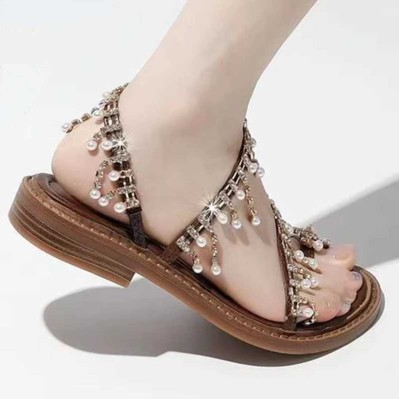 High Quality Womens Sandals Summer New Flat Round Head Set Toe Beaded Tassel Slippers Casual Fashion Innovation Light Sandals T241227