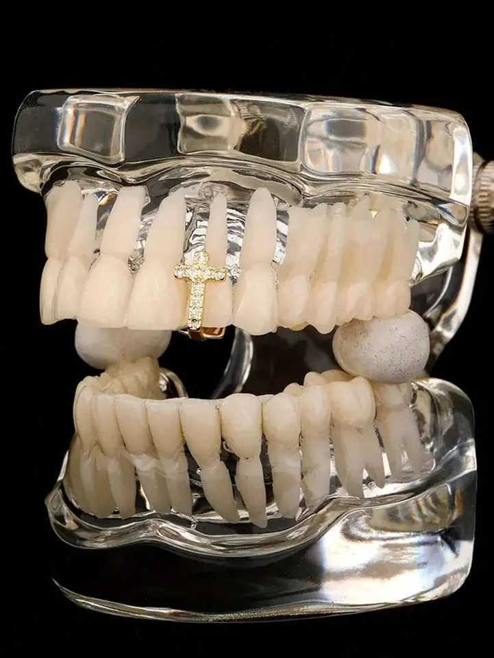 1pc new hip-hop 18k gold-plated elegant and fashionable braces personzed micro set crystal zircon cross single tooth braces W241227