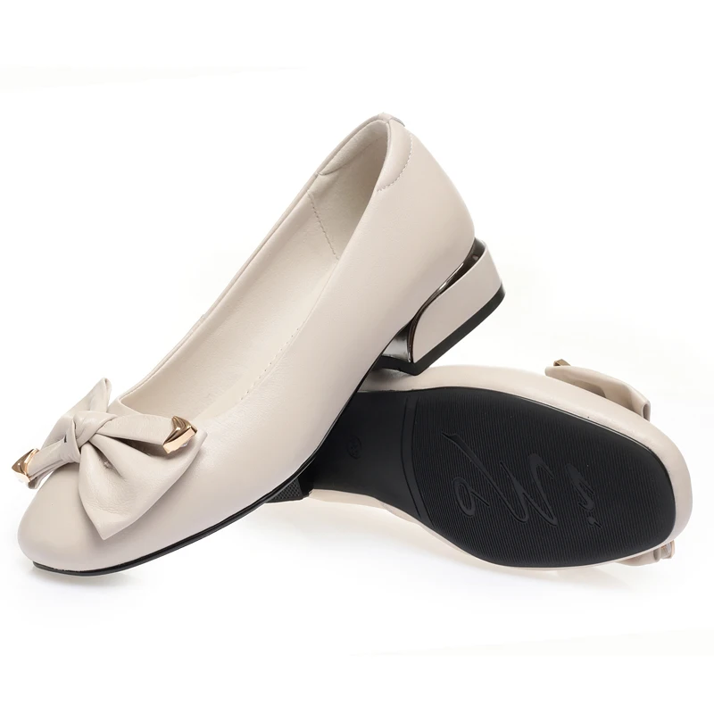 AIYUQI Women's Spring Shoes Genuine Leather Mid-heel Red Shoes Women Round Toe Shallow Bow Women Shoes