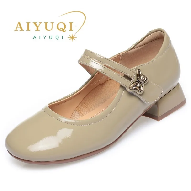 AIYUQI Women's Mary Jane Shoes Spring Genuine Leather Women's Shoes Mid Heel Patent Leather Women's Office Shoes