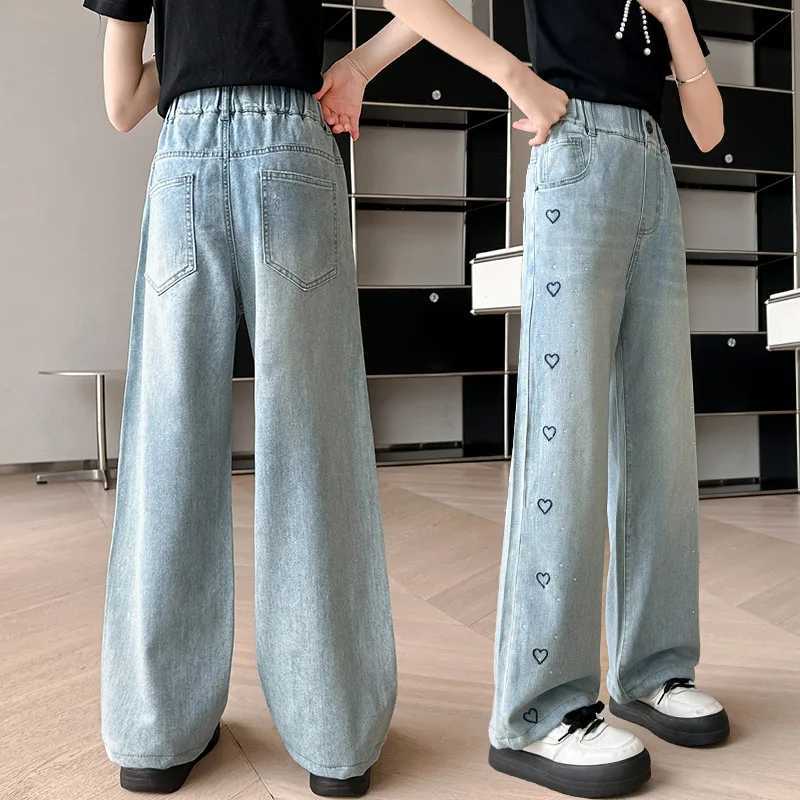 2024 Summer Teens Girl Wide-Leg Jeans Kids Embroidery Design Denim Pants Children Outwear Long Trousers Girl Clothing 4-12Years W241227