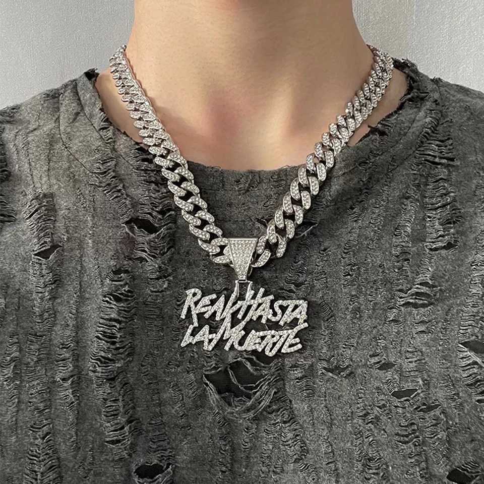 ZAKOL Hip Hop Letter Pendant Necklace for Women Men Shiny Rhinestones 13MM Cuban Chain Necklaces Fashion Jewelry GiftsXJ241227