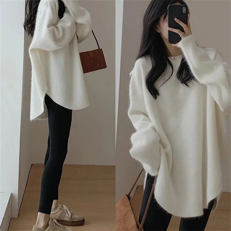 Women Loose Knitted Sweaters Casual ONeck Side Split Baggy Solid Color Pullover Knitwear Tops PYTZX36294 241223
