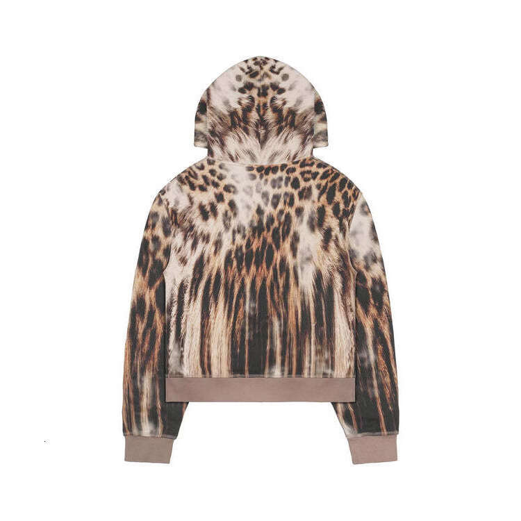 New spicy girl leopard print lace up niche top hooded sweatshirt zipper cardigan men's and women's trend