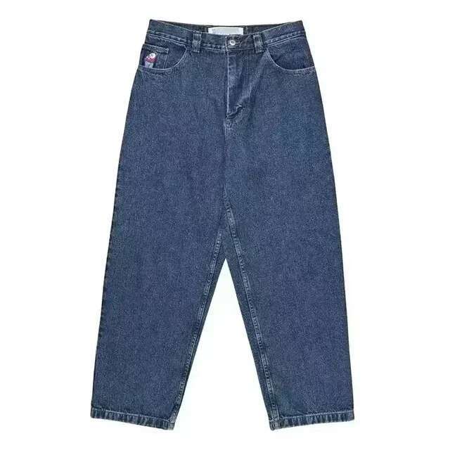 Y2K Haruku Polar Big Boy Pants Hip Hop Cartoon Embroidery Retro Blue Baggy Jeans Mens Womens High Waist Wide Leg Trouser