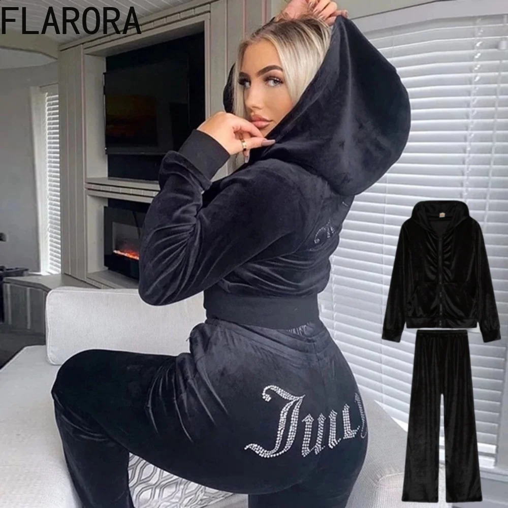 FLARORA Fashion Y2k Diamond Two Piece Sets Woman Long Sleeve Zipper Hoodie Jacket Coats And Pants Suits Casual Street Tracksuits 241224