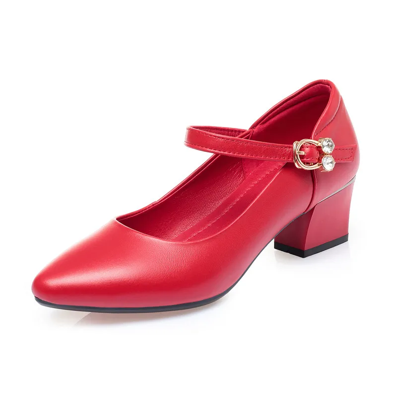 Women Shoes Mid Heel Spring Genuine Leather Women Commuter Shoes Round Toe Shallow Mouth Large Size Women's Shoes