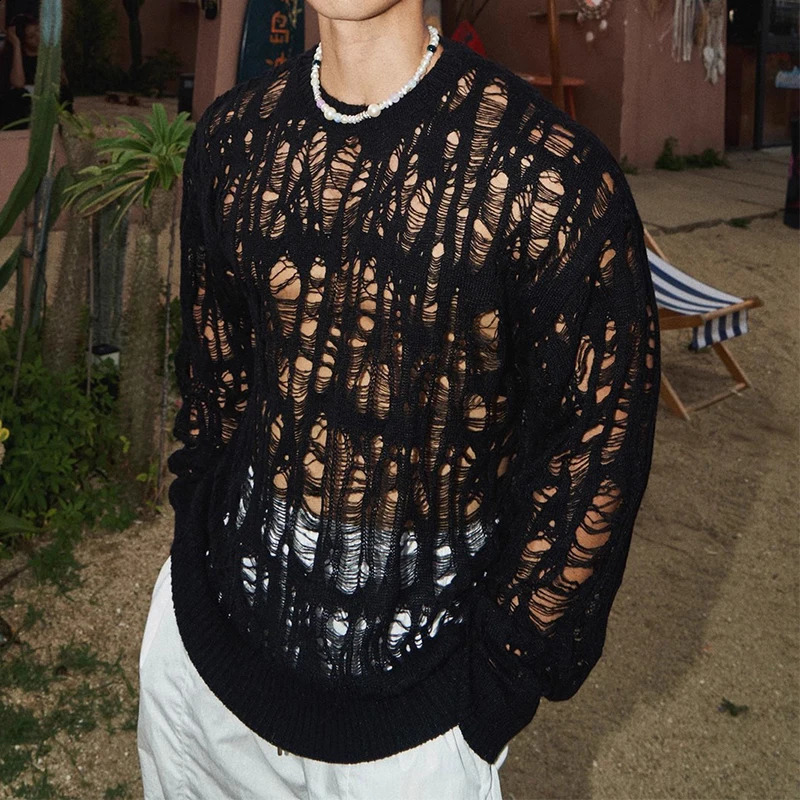 Sexy Hollow Out Mesh Knit T Shirts Men See Through Ripped Crew Neck Pullover Tops For Mens 2025 Spring Fashion Knitting T-shirt 241224