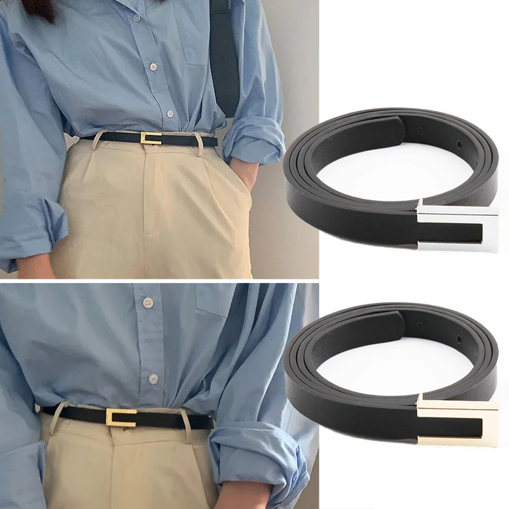 Women Thin Belt Black Gold Silver Metal Buckle Ladies Trouser Dress Decoration Waistband Vintage Casual PU Leather Waist 241225