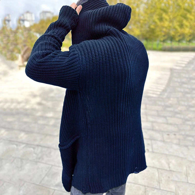 2025 Spring Trendy Mens Sweater Jacket Coat Vintage Pockets Turn-down Collar Knitting Coats Men Casual Solid Color Sweatercoats 241224
