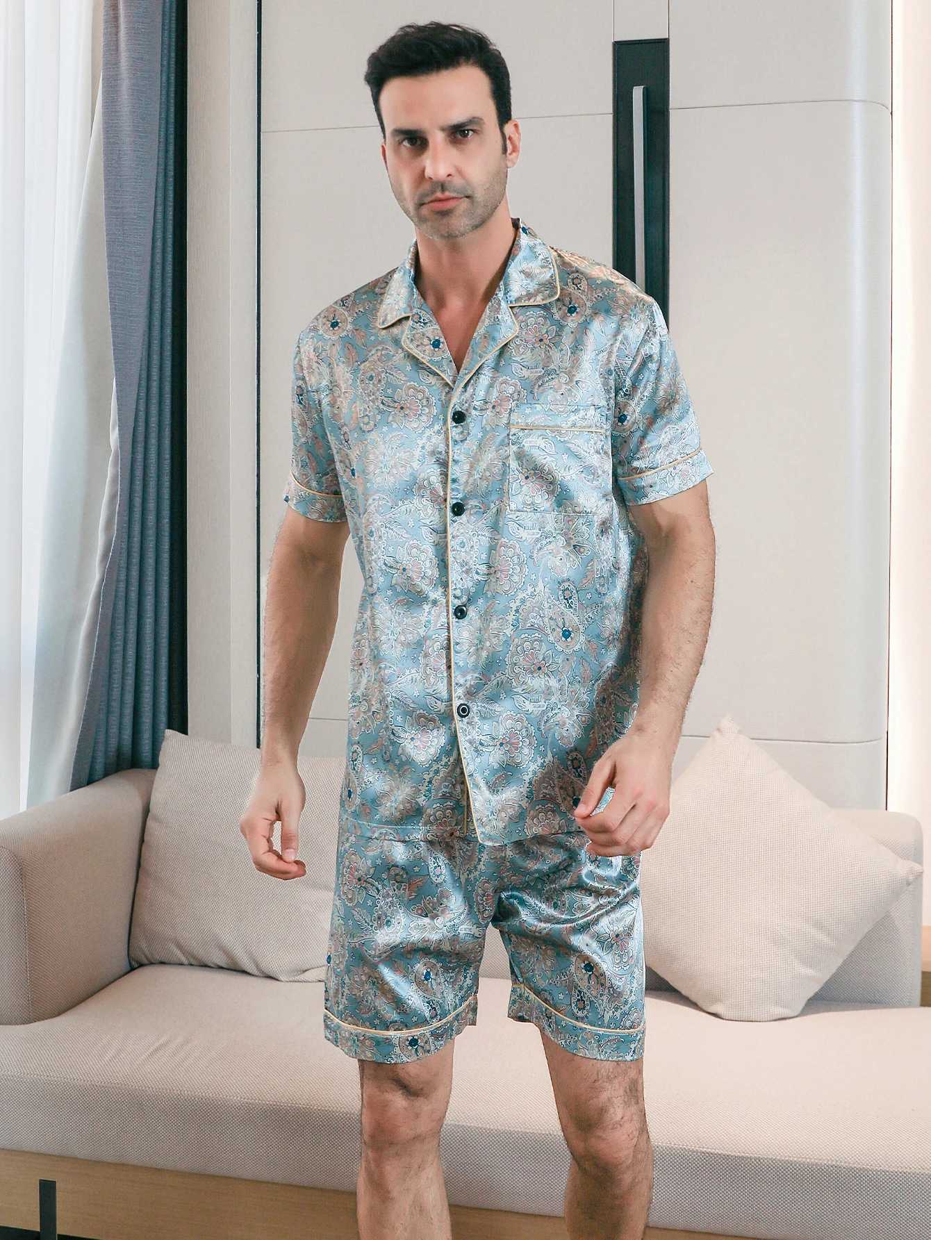 Two piece sets for mens pajamas summer short sleeved shorts flower pattern printed home clothing sleepwear setXJ241227