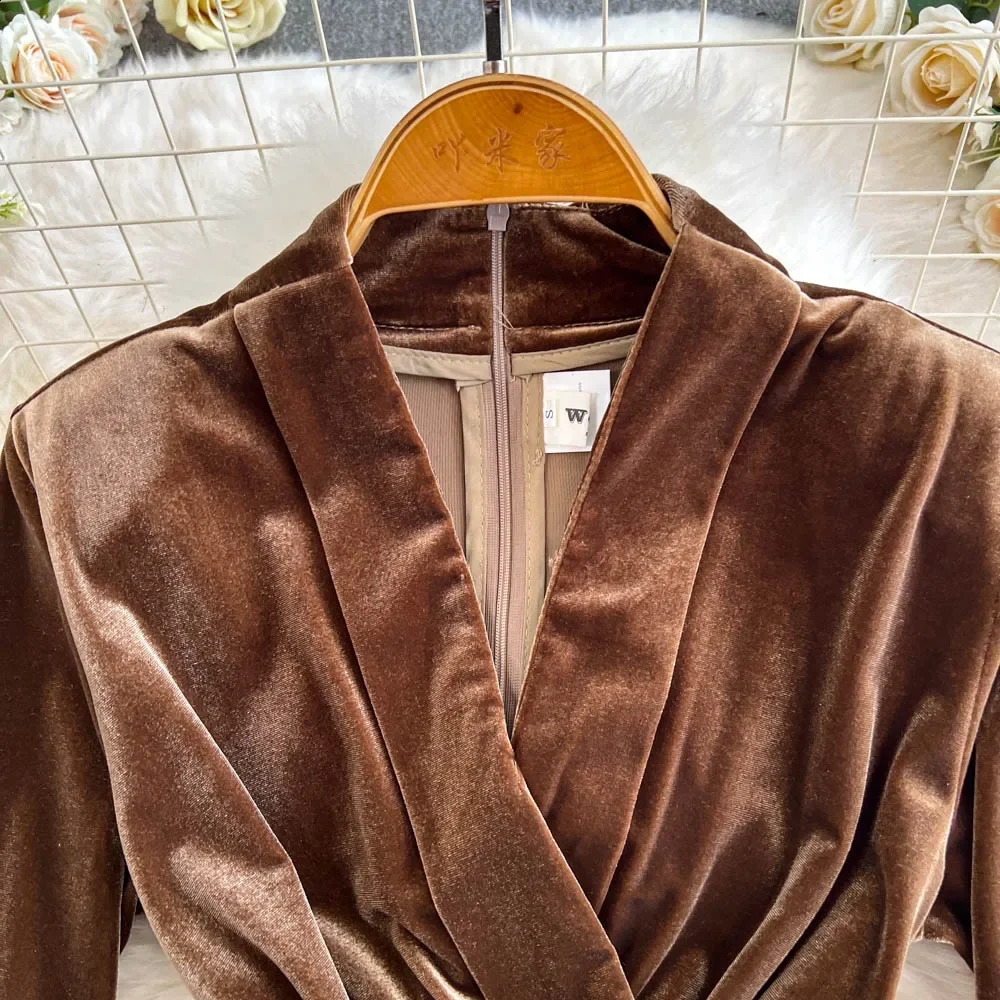 Vintage V-neck Long Sleeve Slim Bandage Top High Street High Waist Wide Leg Pants Jumpsuit Autumn Winter Women Velvet Clothing 241224