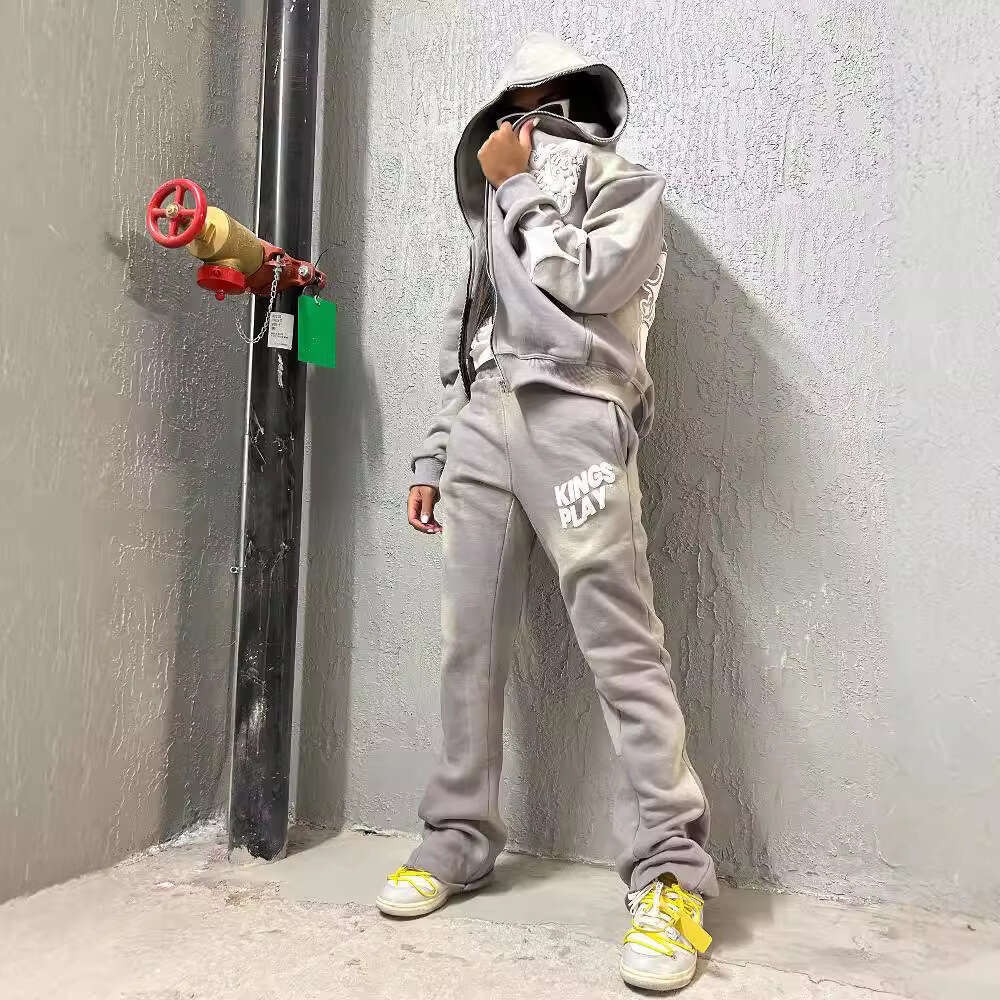 High Street Casual Letter Foam Loose Hoodie Elastic Waist Printed Wide Leg Pants Set