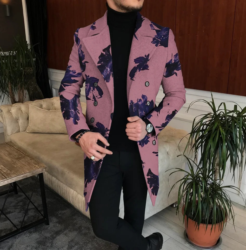 Fashion Mens Personalized Autumn Long Coat Printed Button Lapel Business Winter Jacket Casual Nylon Oversized Top 241220