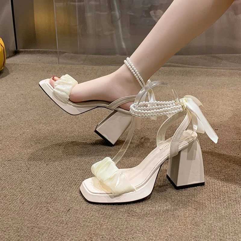 High Quality Comfort Shoes for Women Pearl Sandals Suit Female Beige Increasing Height Block Heels All-Match Black Bow Fashion Chunky Gi T241227