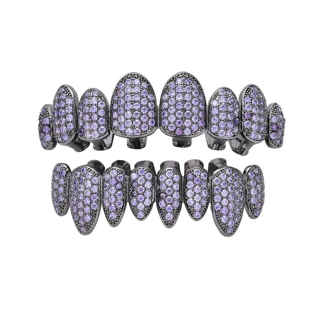 Hip Hop Full CZ Purple Stones Teeth Grillz Cs Cubic Zircon and Out Pave Top Bottom Charm Grills Set For Men Women Jewelry W241227