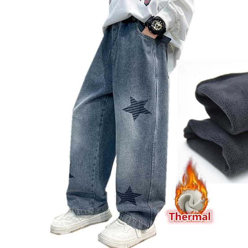 Korean Kids Boy Casual Thermal Jeans Clothes With Star Print Children Winter Warm Denim Pants Elastic Waist Thick Jeans Trousers W241227