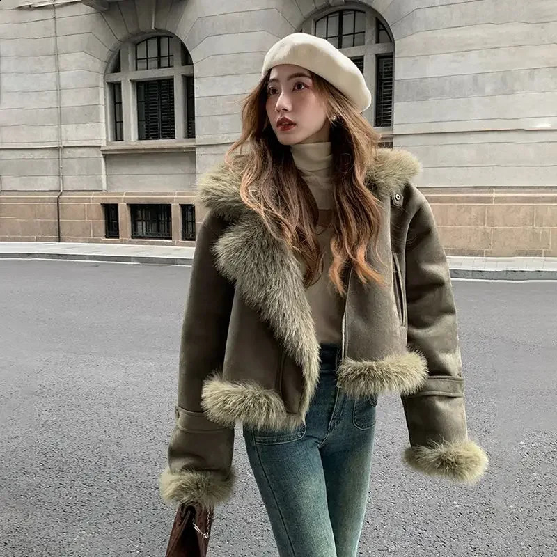 Fur Coat Suede Short Motorcycle Wear Jacket Clothing Korean Fashion Casual Winter Tops 241223