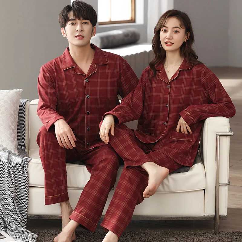 Plus Size Couple Long Sleeve Casual Plaid Cotton Pajama Sets for Men Autumn Korean Loose Sleepwear Pyjama Women Homewear ClothesXJ241227