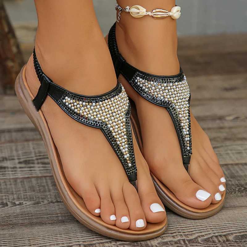 High Quality Shiny Pearl Bohemian Style Flat Sandals Women Summer Clip Toe Beach Sandals Woman Non Slip Rome Shoes Flip Flops Women T241227