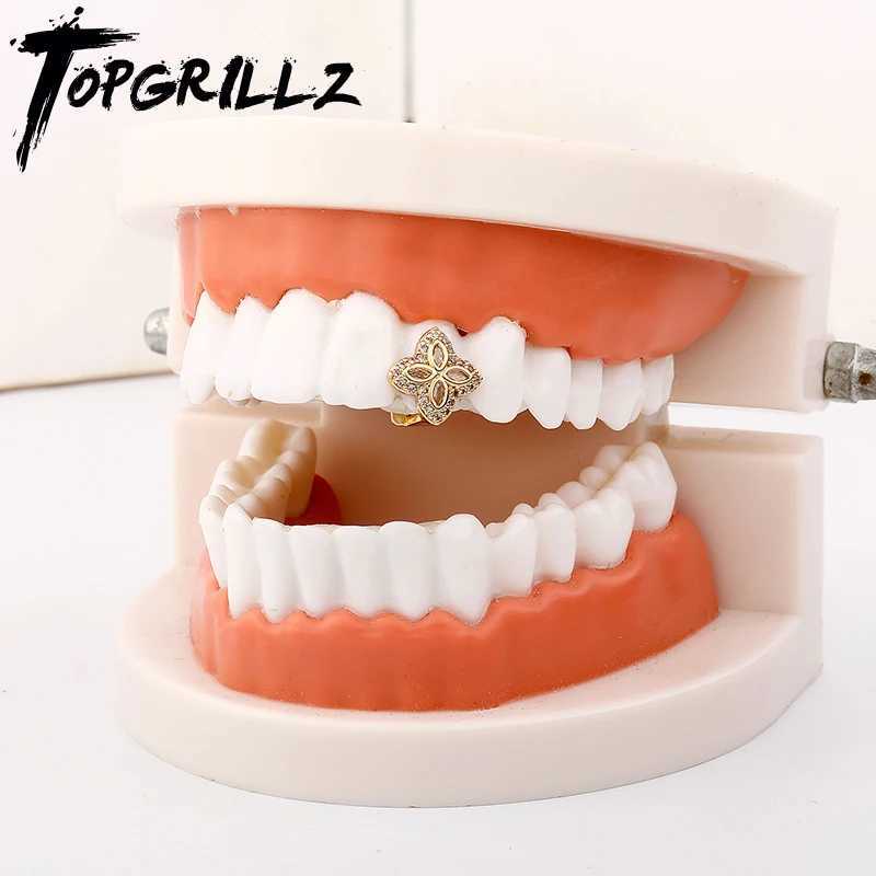 TOPGRILLZ Gold Silver Color Single Flower d Out Grillz Teeth Men Women Hip Hop Bling Tooth Grills Cs Fashion Jewelry W241227