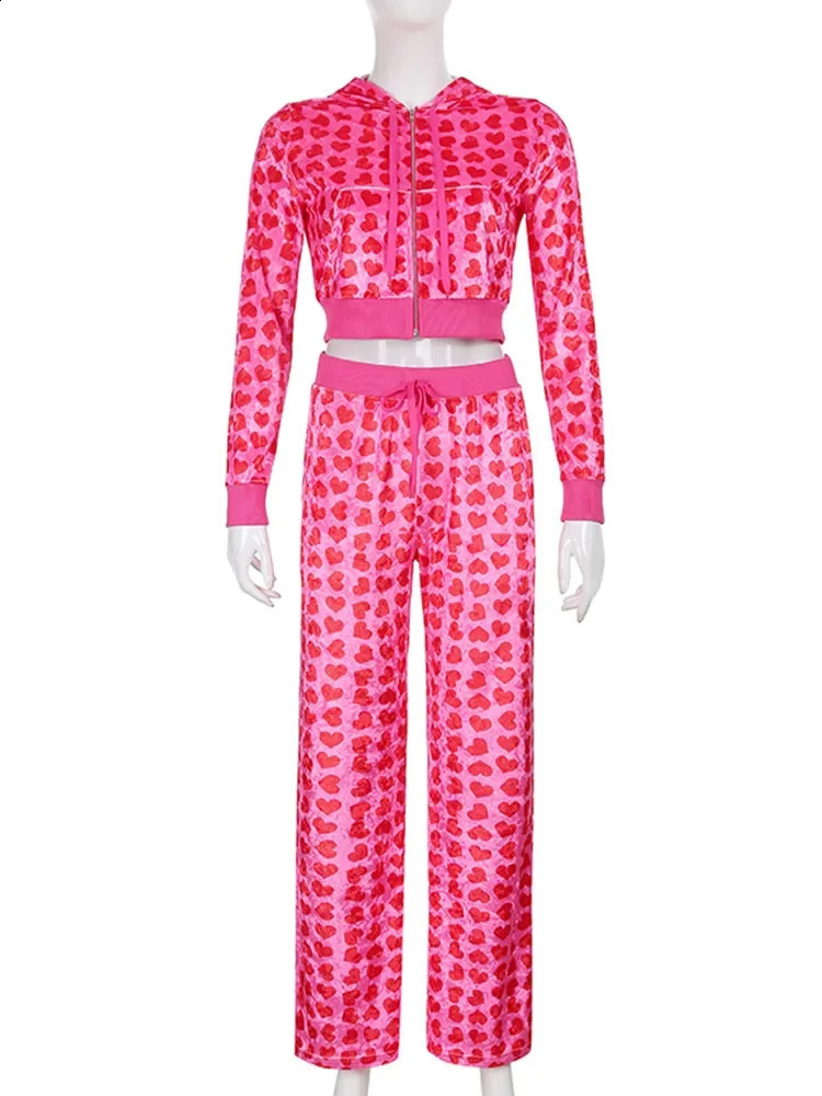 Womens Velvet Heart Print Tracksuits Long Sleeve Zipper Cropped Hooded Jackets Long Pants Autumn Winter 90s Casual 2 Piece Sets 241224