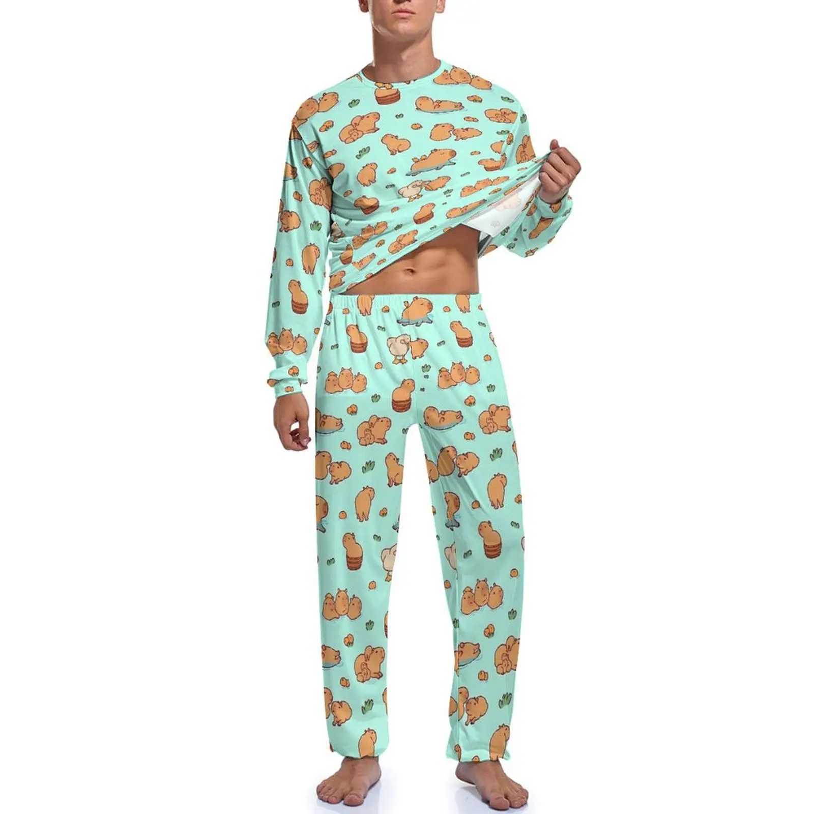 Cute Capybara Art Pajamas Animal Print Man Long Sleeve Elegant Pajama Sets 2 Pieces Aesthetic Spring Nightwear Birthday GiftXJ241227
