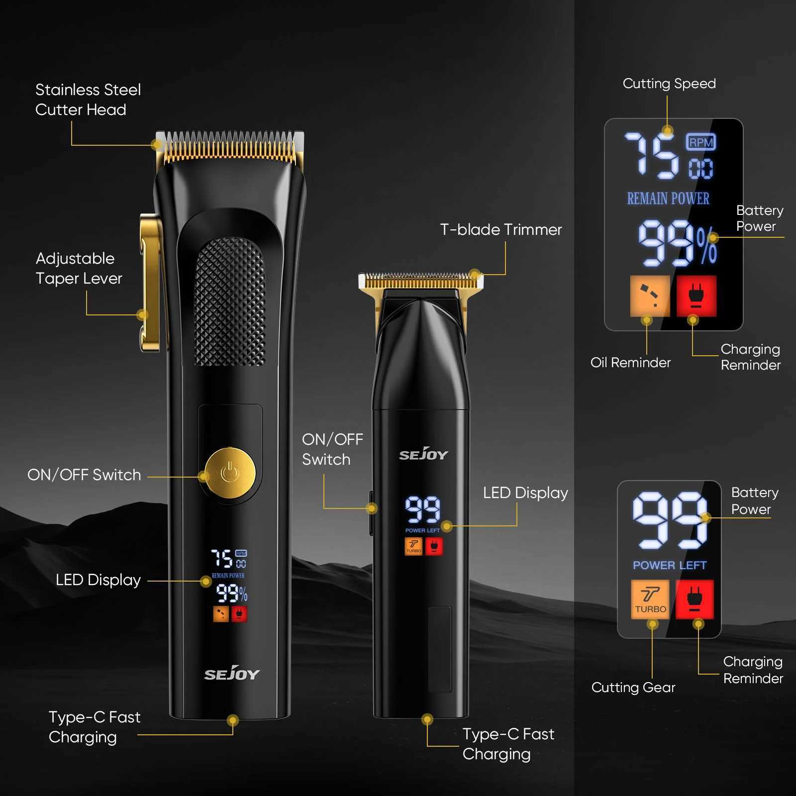 Sejoy Professional Electric Hair Clippers Kits 2 Gears Speeds LCD Rechargeable Hair Trimmers for Men Cordless Hair Cut Machine W241227