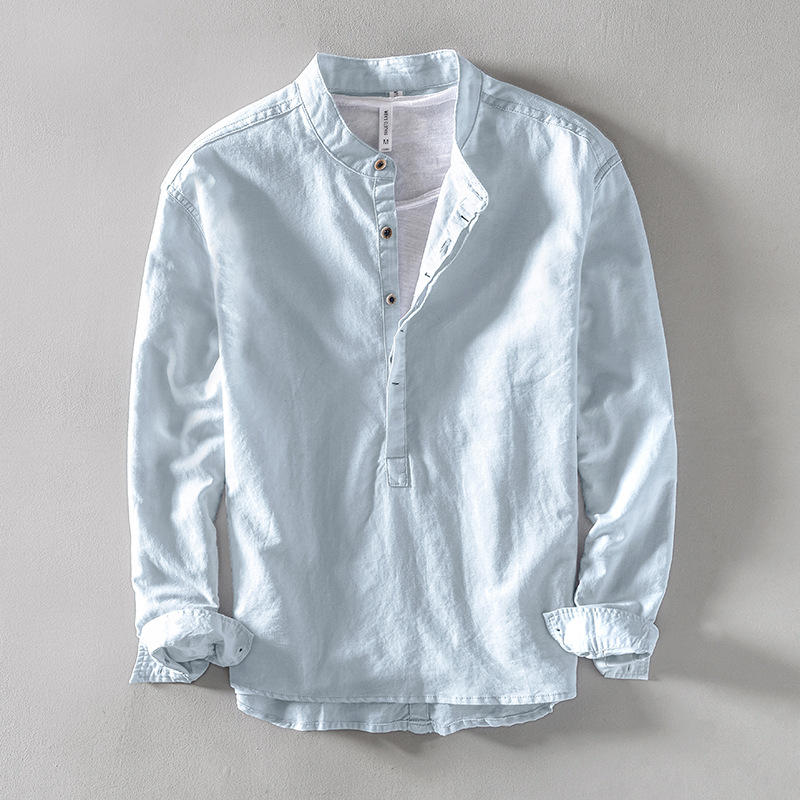 M12263 Men's cotton and linen tops casual shirt Korean style slim fit solid color stand collar