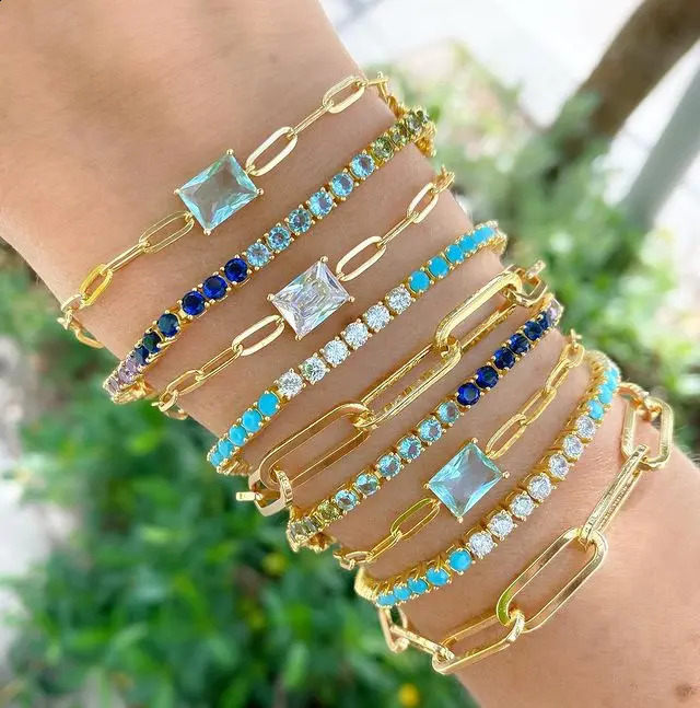 Arrived Tennis Round Cubic Zirconia Bracelet For Women Girl Jewelry Gold Color Rainbow Cz Gorgeous Trendy Bangle 241227