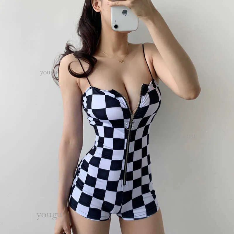 WOMENGAGA Super Sexy China Girl Female Shoulder Strap Tank Plaid Zipper Playsuits Korea Romper Summer SODT 210603
