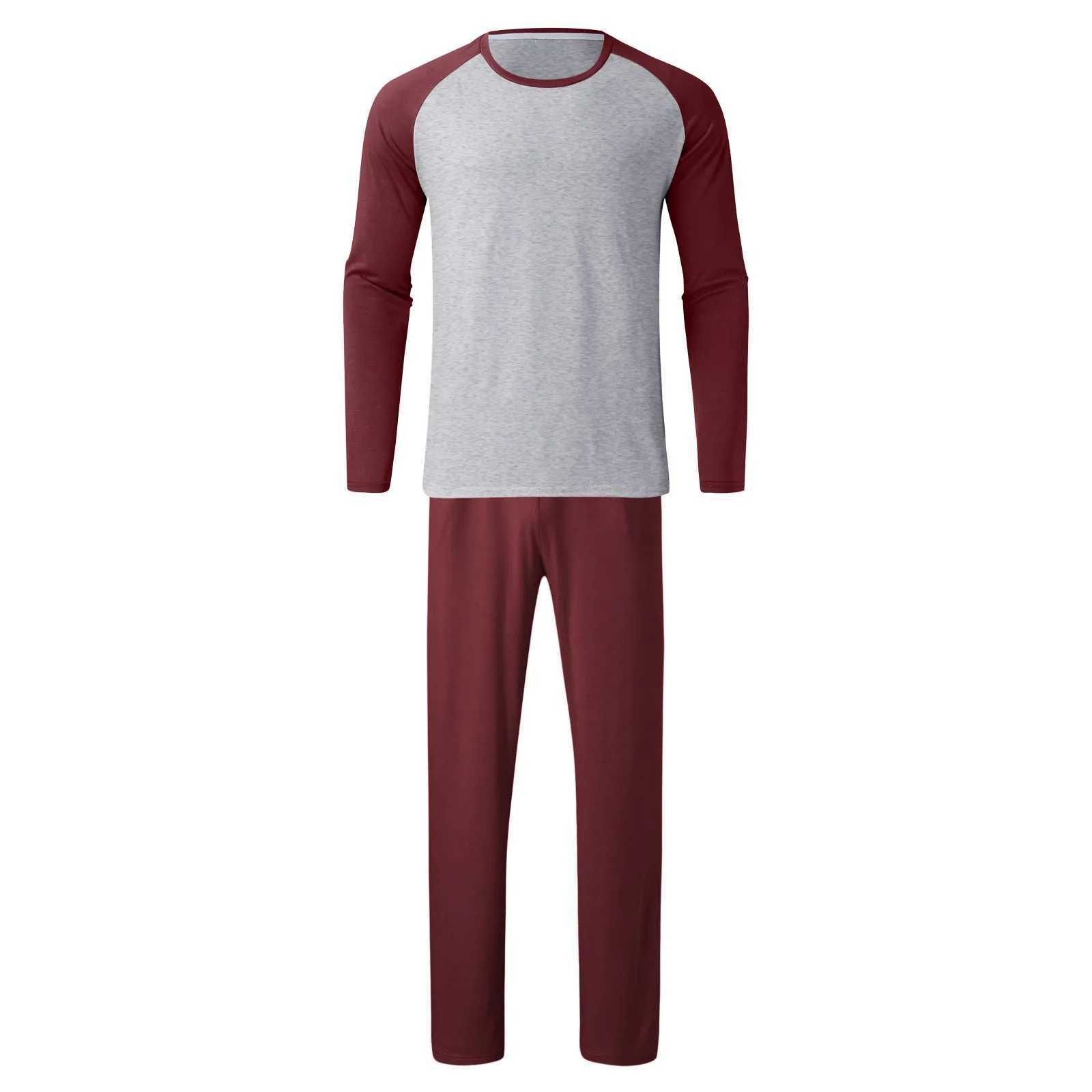 Autumn Winter Men Pajama 2 Piece Set Contrast Color Long Sleeve T Shirt And Solid Pants Set Sleepwear Mens Home ClothesXJ241227