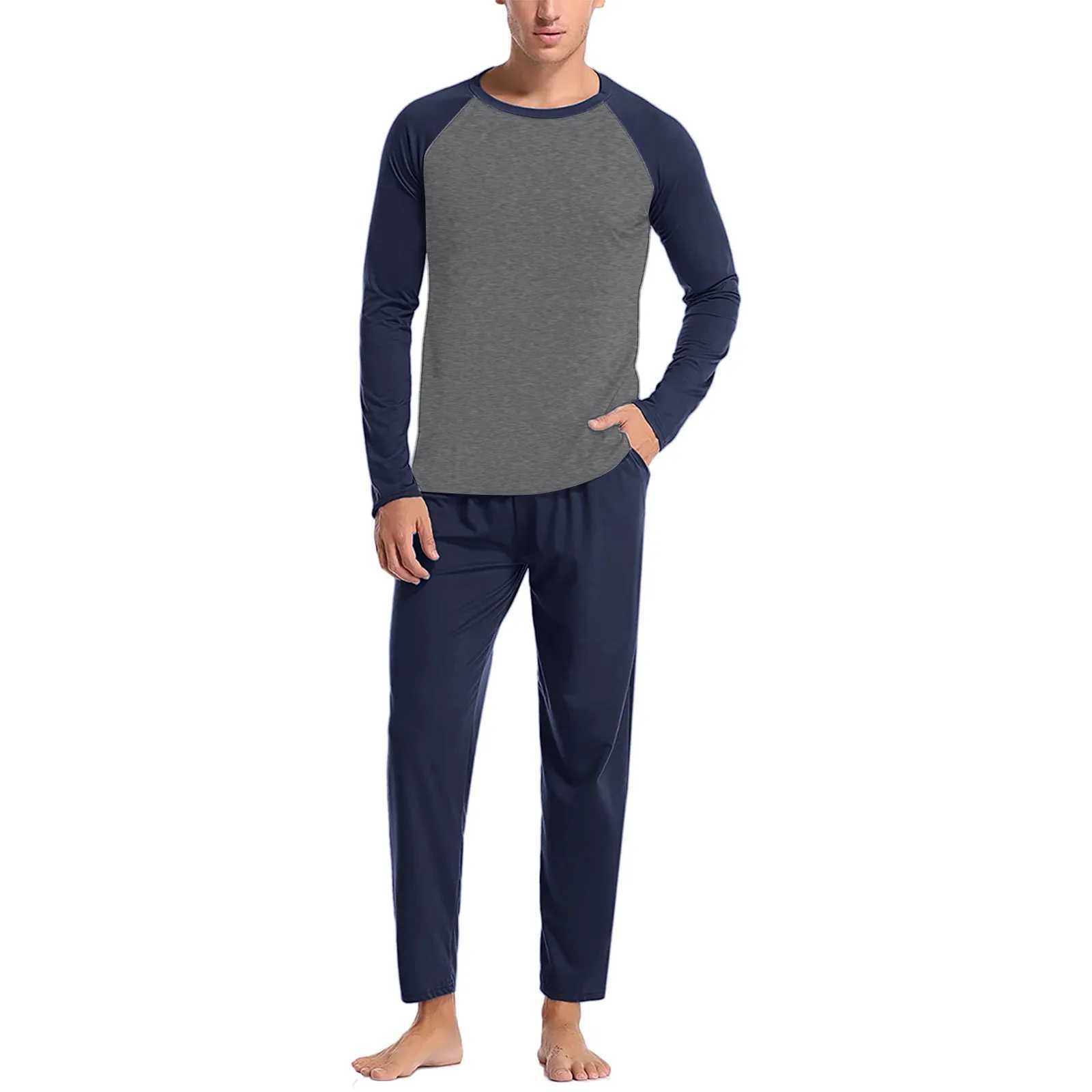 Autumn Winter Men Pajama 2 Piece Set Contrast Color Long Sleeve T Shirt And Solid Pants Set Sleepwear Mens Home ClothesXJ241227
