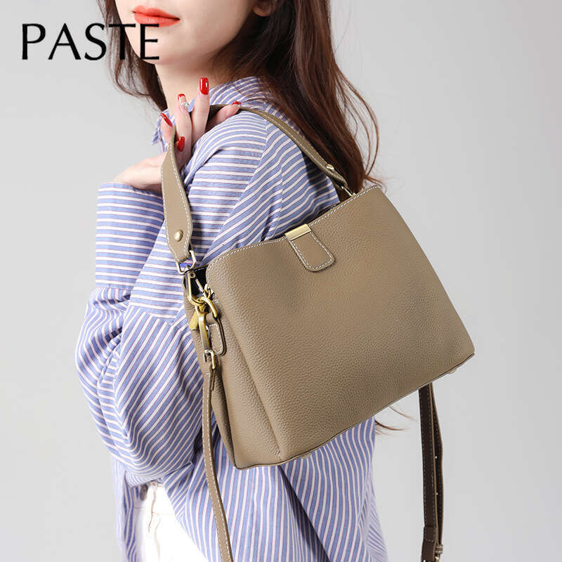 New 100% Genuine Leather Women's Bucket Grey Beige Color High Quality Women Elegant Shoulder Crossbody Bag Female Handbag