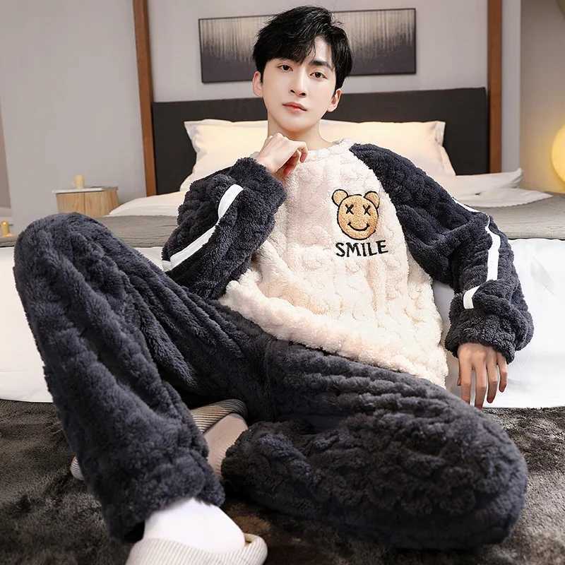 Winter Autumn Big 5XL Flannel Men Sleepwear Cartoon Pajamas Set Casual Pjs Male Loungewear Warm Thicken Pyjama Nightwear FashionXJ241227