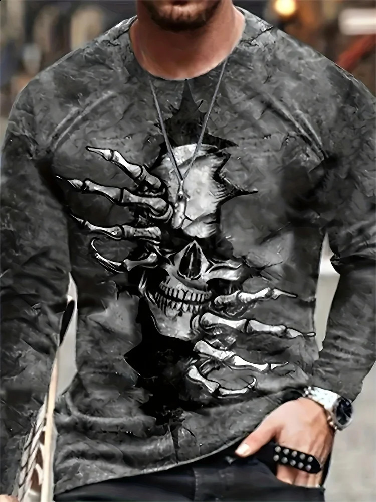 Skull Reaper Print Mens Halloween Long Sleeve Tshirt Fall Everyday Casual Top Outdoor Street Fashion 241220
