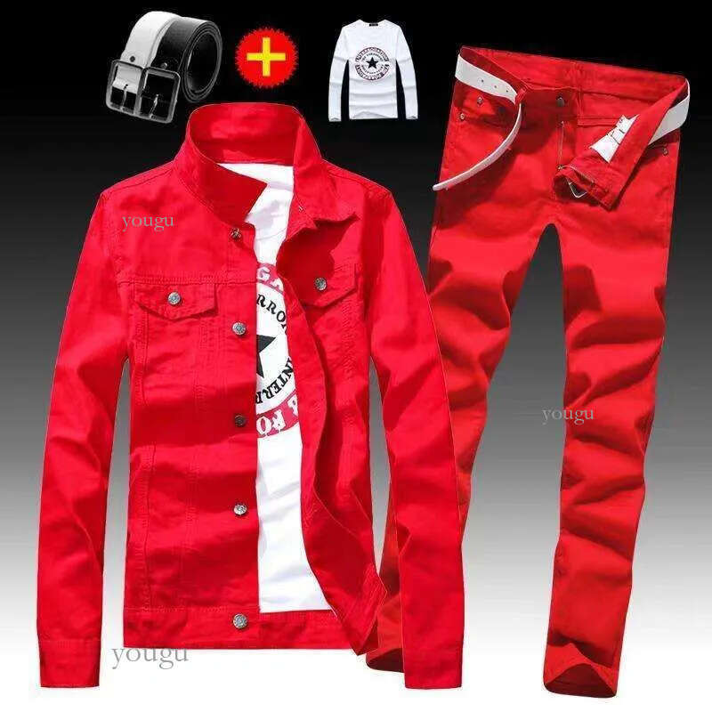 Spring Autumn Mens Denim Jacket + Jeans Pants Set Fashion Letters Printed Coat Trousers Two Piece Denim suit