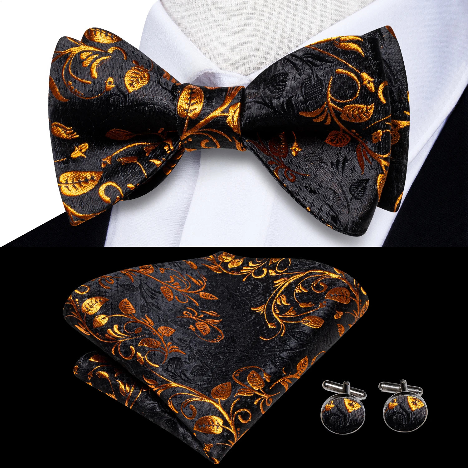 Hi-Tie Jacquard Silk Mens Self Bow Tie Hanky Cufflinks Set Male Butterfly Knot Bowtie Wholesale for Male Wedding Business Gift 241226