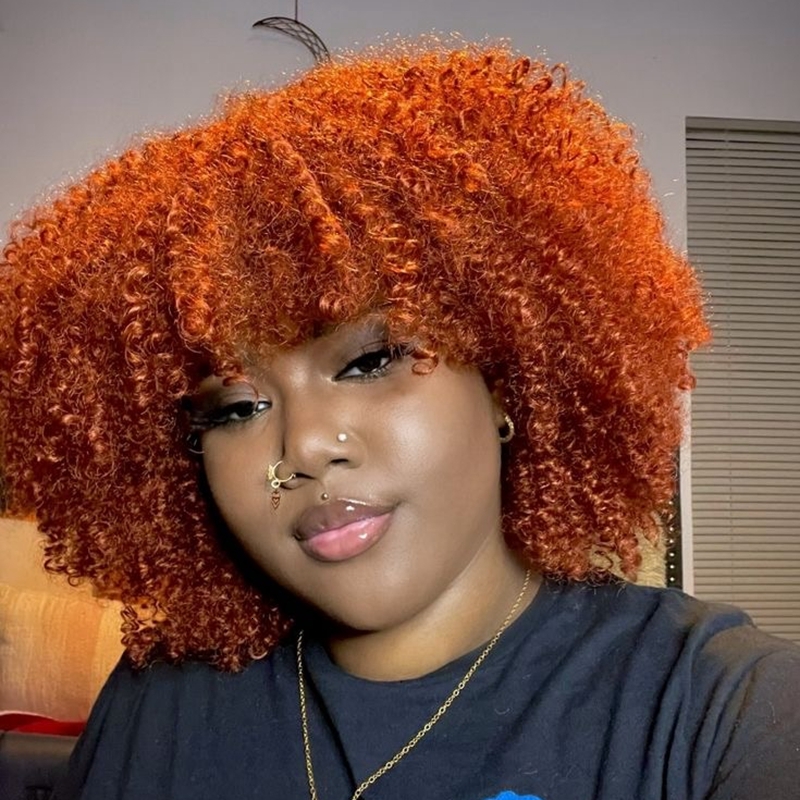 Orange Ginger Short Kinky With Bang Afro Curly Human Hair No Lace Wigs With Bangs Honey Blonde Wig For Women