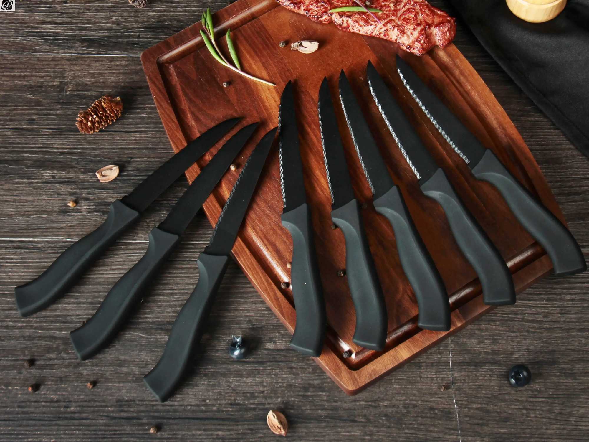 Desktop knife set 4/6/8 pieces black matte Cfort handle polishing knife German stainless steel rodless steak knife set Y241227