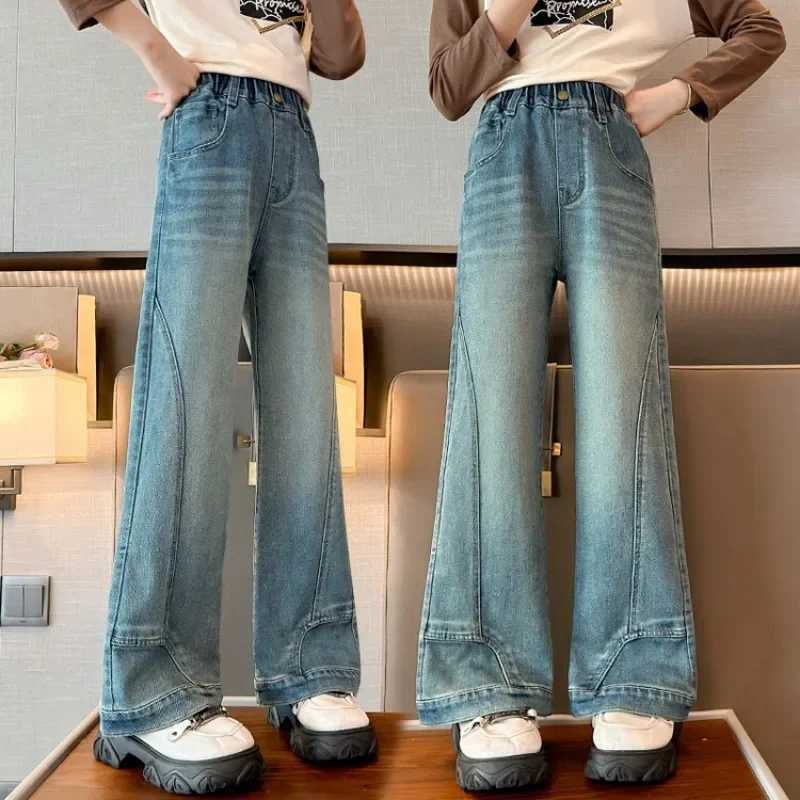 2024 Spring and Autumn Girls Straight Leg Wide-leg Jeans Kids Big Kids Girls Junior High School 12 Years Old Blue Pants W241227