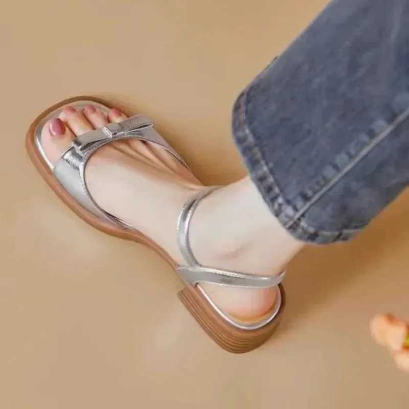 High Quality Bow shaped strap sandals for women with flat soles and thick heels. Summer New Versatile Fashion Gold Silver T241227