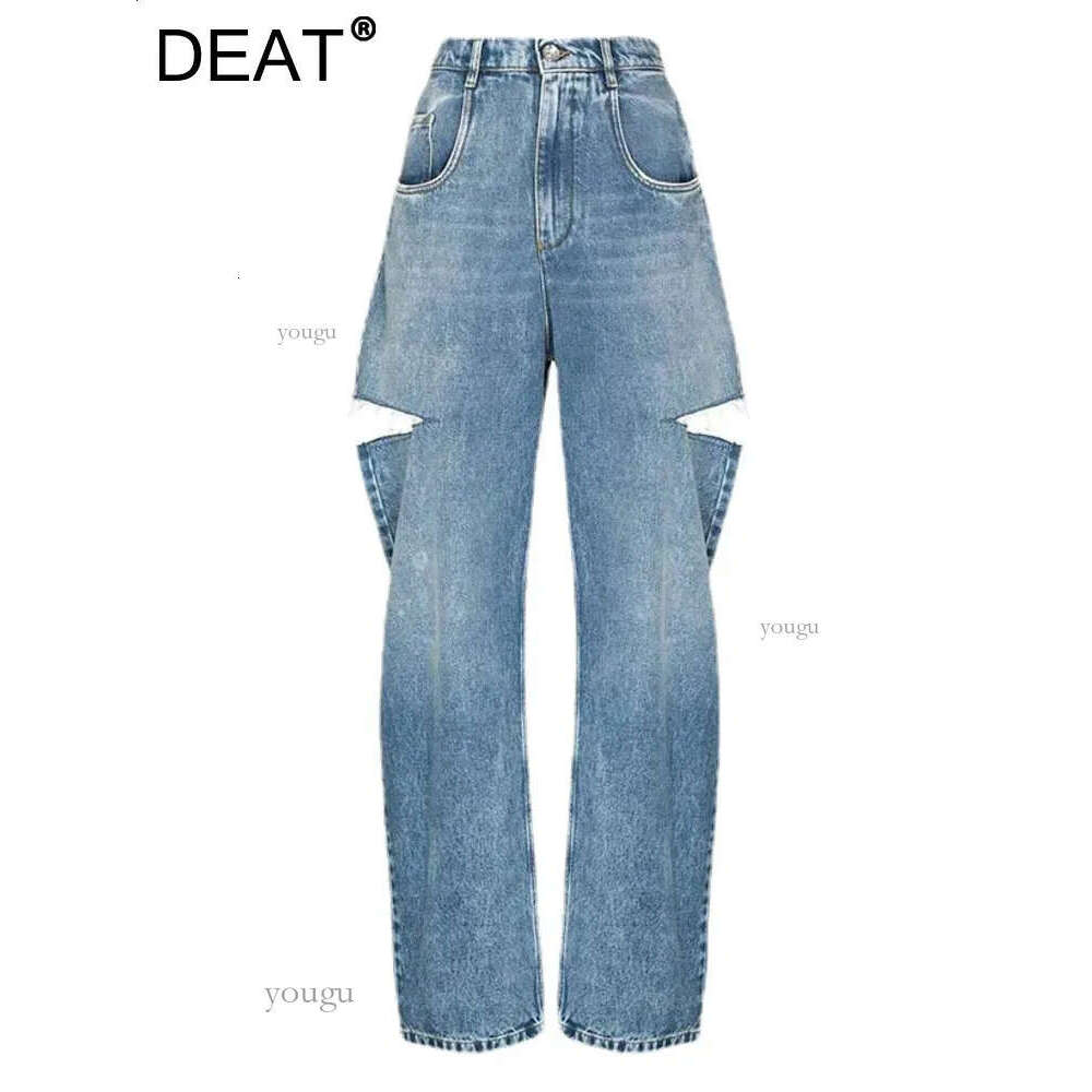 DEAT Fashion Womens Loose High Waist Wide Leg Denim Pants Hollow Blue Long Straight Jeans Autumn Collection L2901H 240821