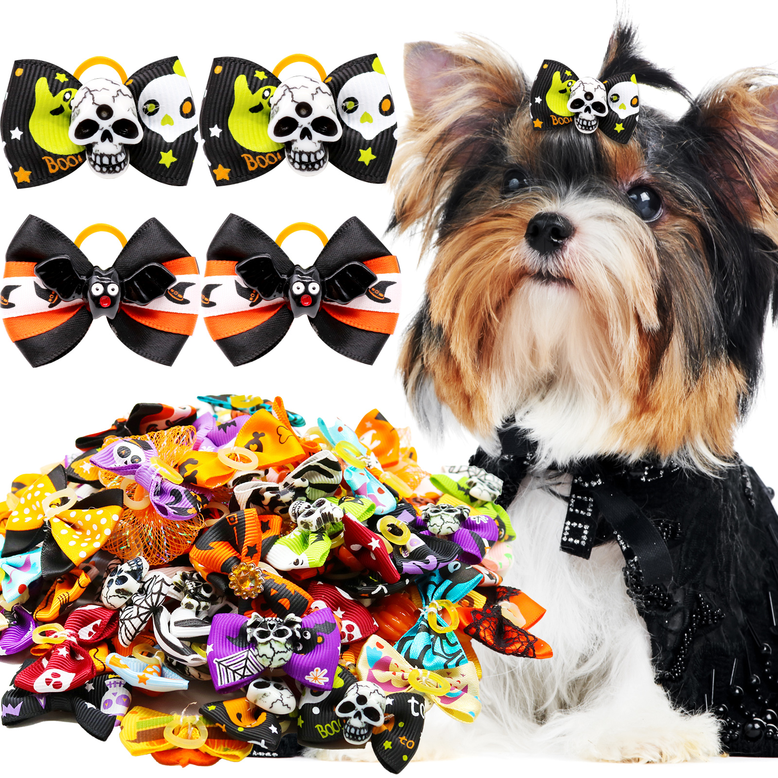 10PCS Halloween Dog Bows With Rubber Bands Pet Hair Accessories For Small Dogs and Cats Puppy Bowknots Pet Supplies
