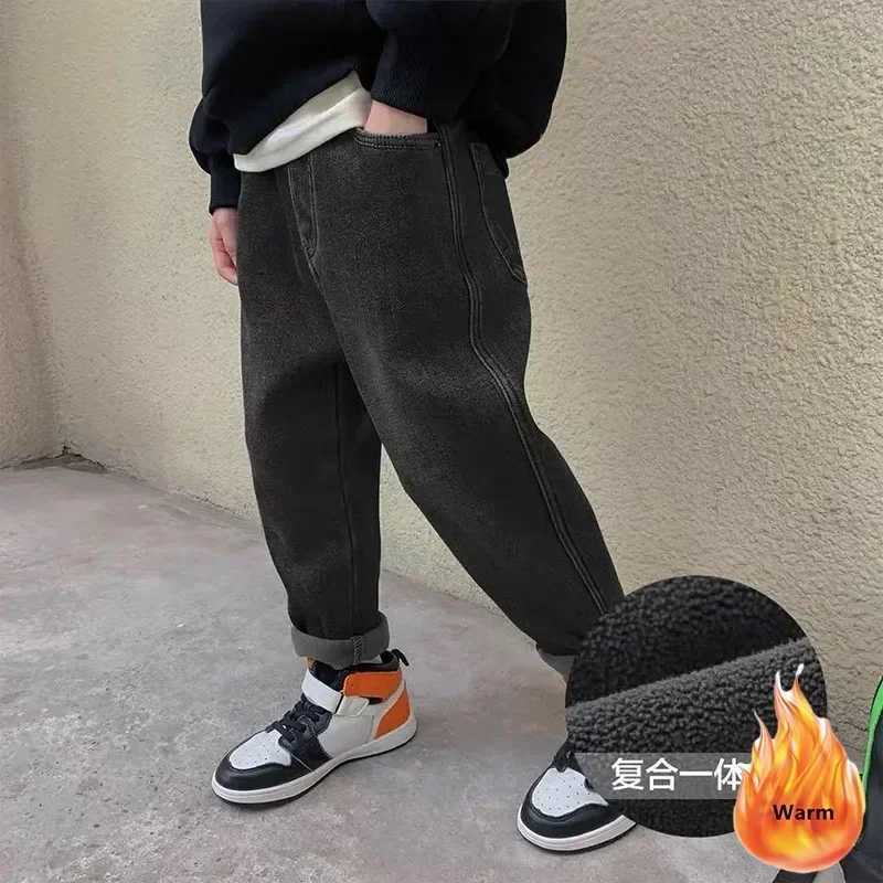 Winter Velvet Lined Boys Jeans Pants Elastic High Waist Warm Kids Vaqueros Pants Vintage Thick Plush Children Denim Calca W241227