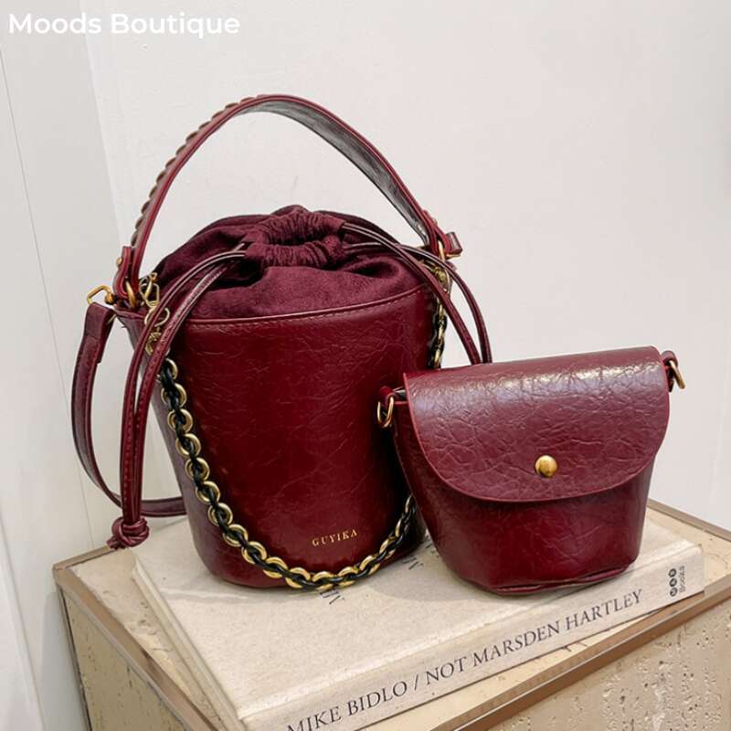 Women's Bags Retro Bucket Crossbody Bags For Women Oil-Waxed Leather 2-In-1 Chain Shoulder Bag Designer Purses And Handbags