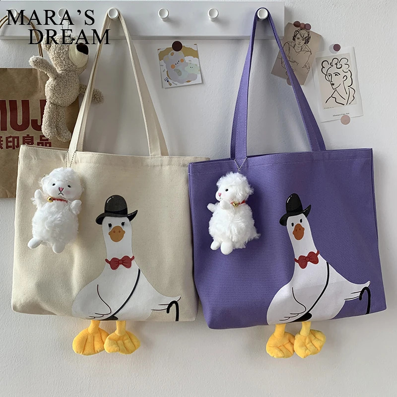 Maras Dream Women Shoulder Shopper Bag Cute Duck Cartoon Print Casual Kawaii Canvas Tote Shopping Cotton Cloth Eco Handbags 241225